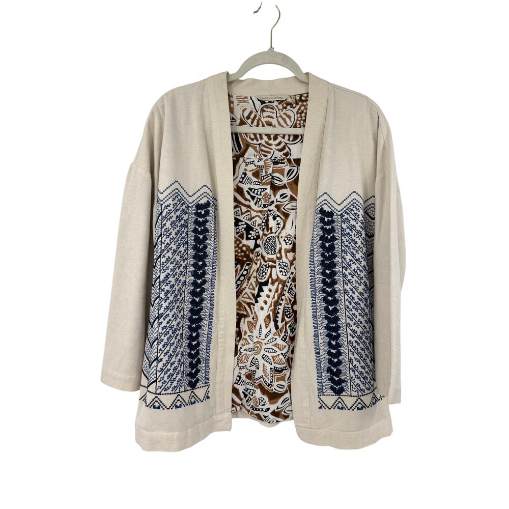 Soft Surroundings Womens Embroidered Minali Jacket Size L Oatmeal Blue Boho